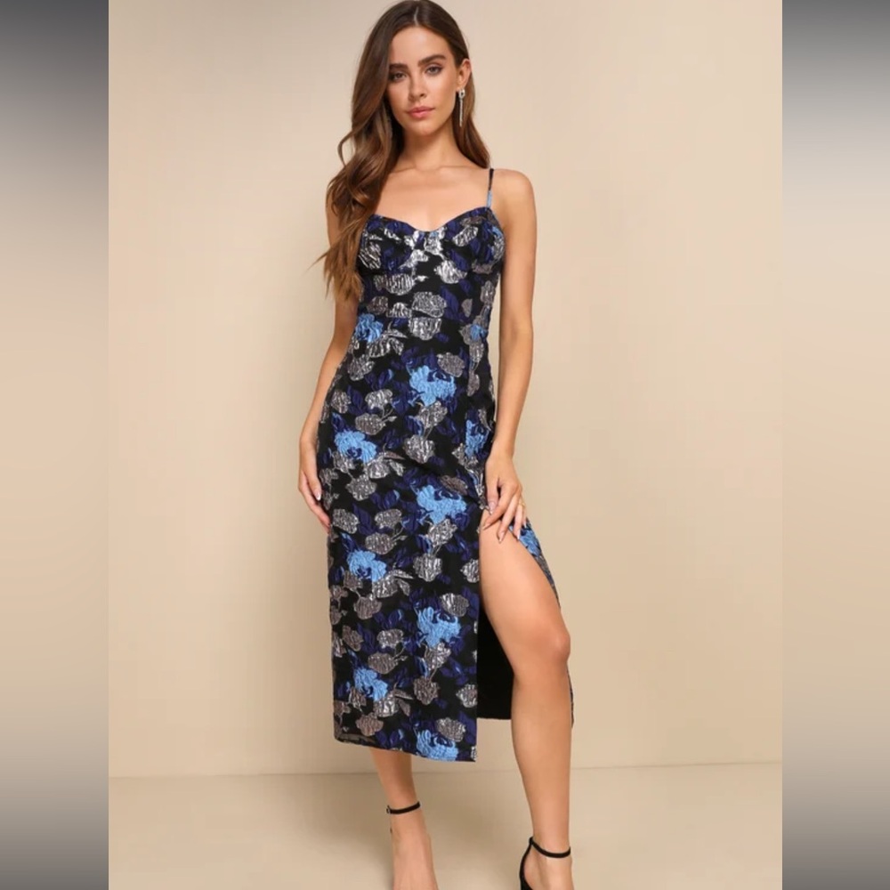 LuLu's Vivid Beauty Black Floral Jacquard Sleeveless Bustier Midi Dress